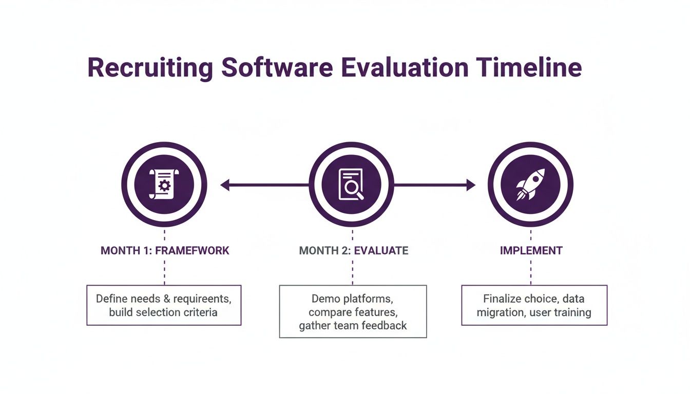 Timeline for evaluating recruiting software, outlining framework, evaluation, and implementation stages over two months.
