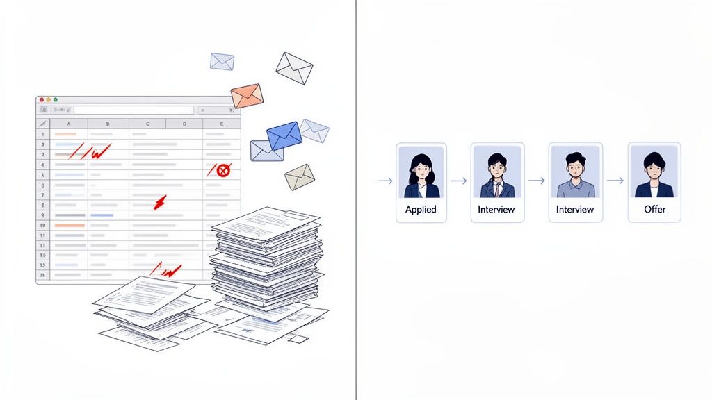 recruiting software for small business showing an inefficient manual hiring process with spreadsheets and papers versus a clear, streamlined recruitment workflow.
