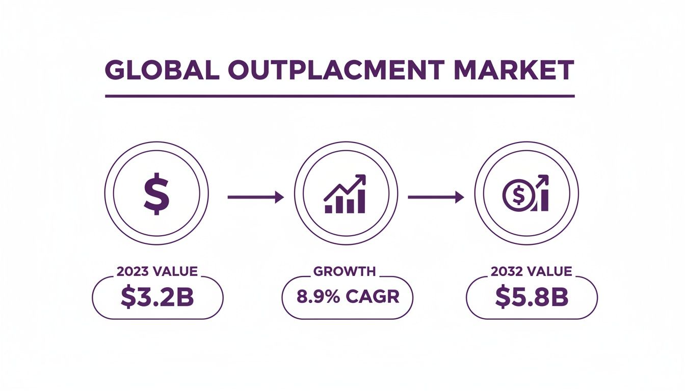 An infographic showing global outplacement market value growth from $3.2B in 2023 to $5.8B by 2032 at 8.9% CAGR.