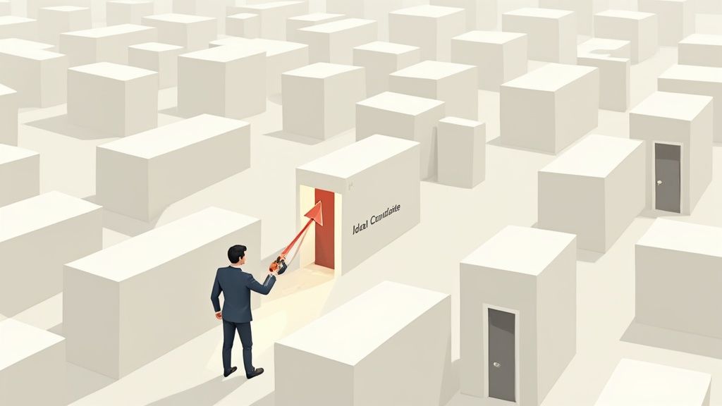 A job recruiter finds the ideal candidate among many options in a metaphorical maze city.