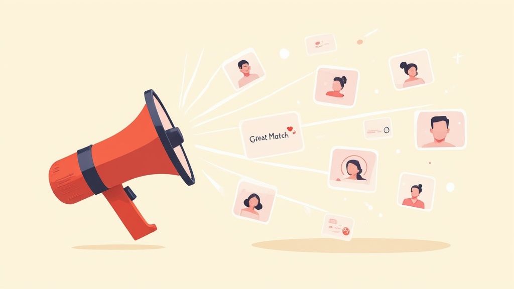 A red megaphone broadcasts various profile cards, one stating 'Great Match' with a heart icon.