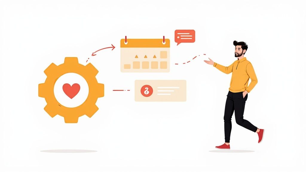 Illustration of a man interacting with automated scheduling, heart, calendar, and message elements.