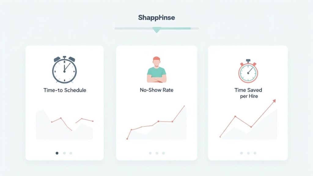 A digital dashboard displaying three cards with graphs for time to schedule, no-show rate, and time saved.