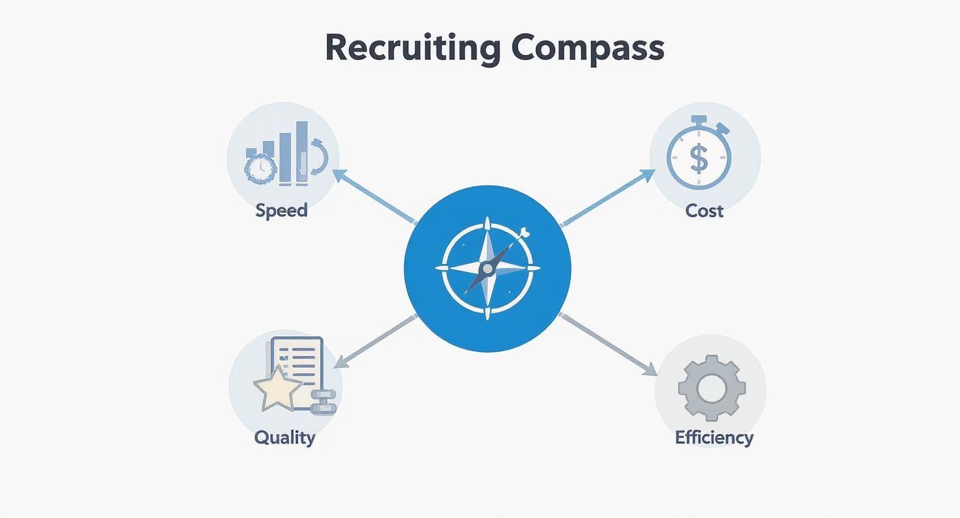 Recruiting compass diagram showing four key recruitment metrics: speed, cost, quality, and efficiency with central compass icon