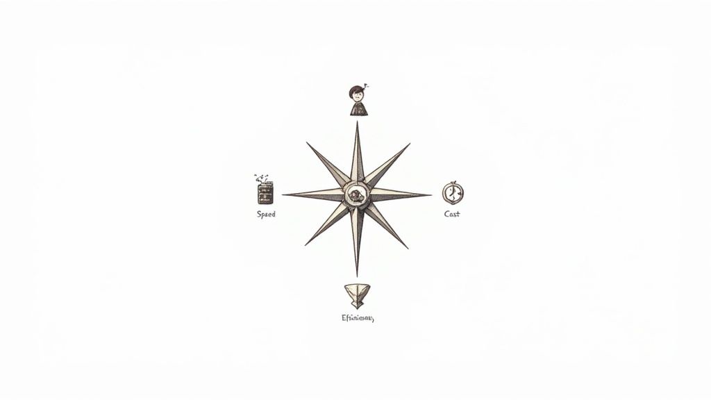 Compass diagram showing recruitment KPI dimensions with speed, cost, efficiency, and quality indicators illustrated