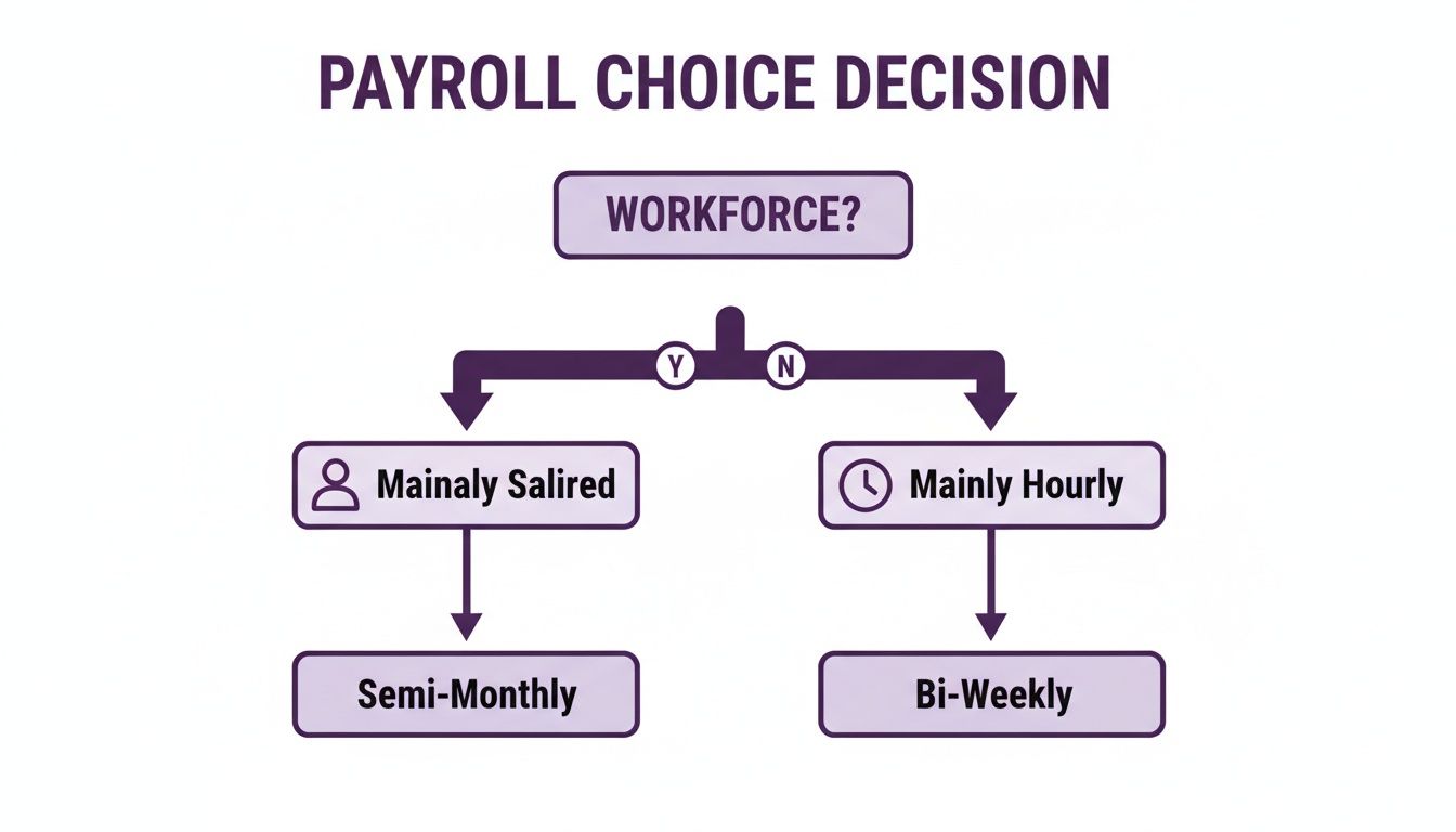 A decision tree flowchart illustrating payroll choices. Workforce question leads to salaried for semi-monthly, or hourly for bi-weekly payments.