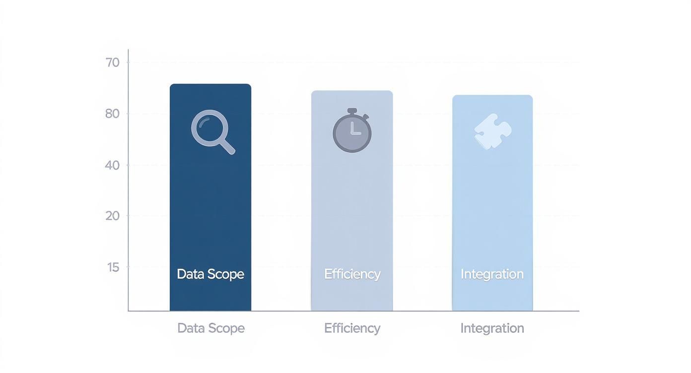 Bar chart comparing Data Scope, Efficiency, and Integration metrics with magnifying glass, stopwatch, and puzzle icons