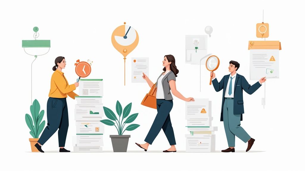 Business professionals reviewing documents and analyzing recruitment workflow with time management tools and organizational charts