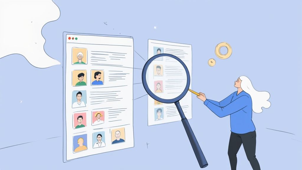 A recruiter using a magnifying glass to find candidates on a large digital map, illustrating the SeekOut reviews of its database.