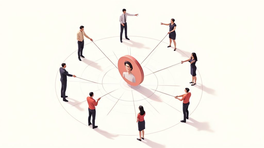 Eight diverse individuals pull ropes attached to a central person, symbolizing the collaborative effort of an employee referral program.