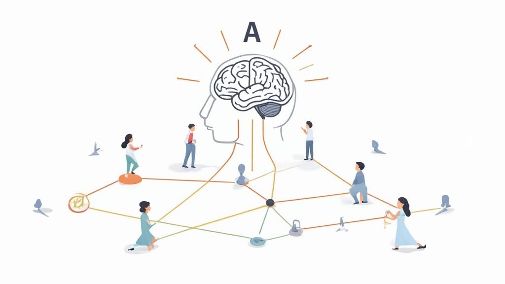 Illustration of people connected by a network, guided by a central brain, symbolizing an AI-driven employee referral program.