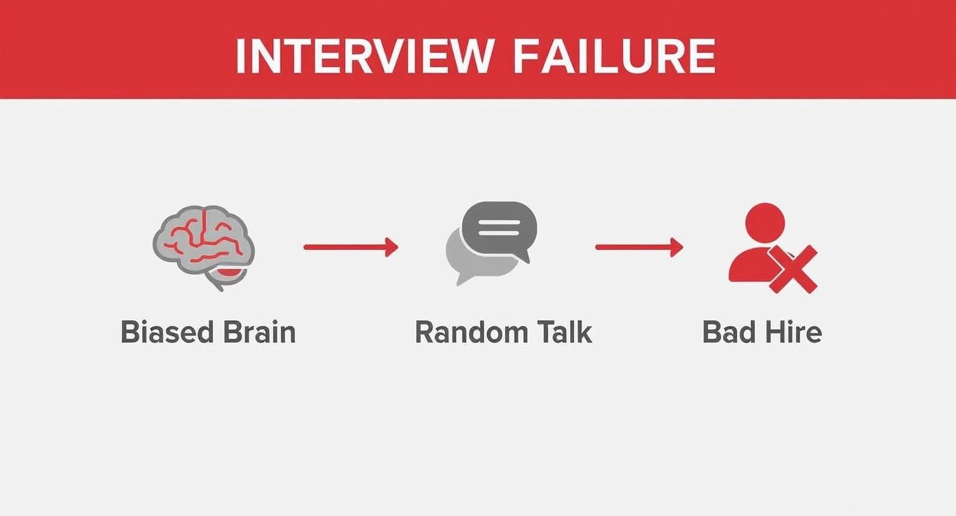 Diagram illustrating the interview failure process from biased thinking to a bad hire.