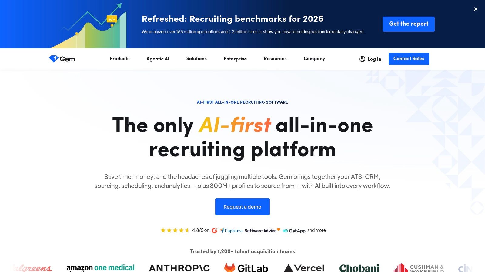 Gem recruiting CRM interface showing candidate pipelines and analytics dashboards