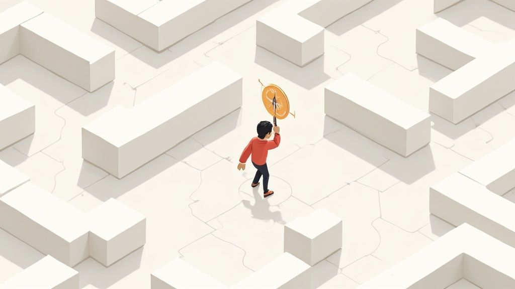 Person holding compass navigating through complex maze representing strategic recruitment sourcing challenges