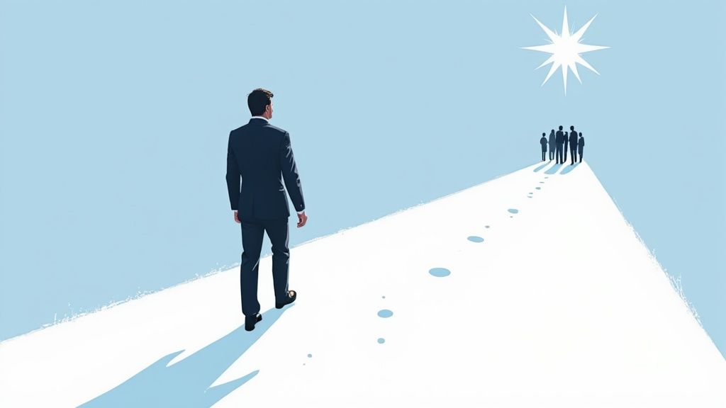 Business professional walking uphill path toward group of candidates under guiding star representing recruitment journey