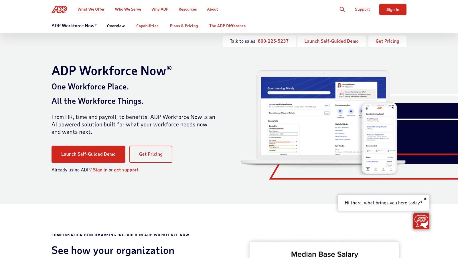 A screenshot of the ADP Workforce Now dashboard showing various modules like HR, Payroll, and Time.