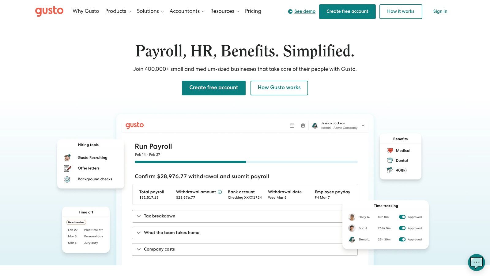 A screenshot of the Gusto dashboard showing payroll and HR tasks.