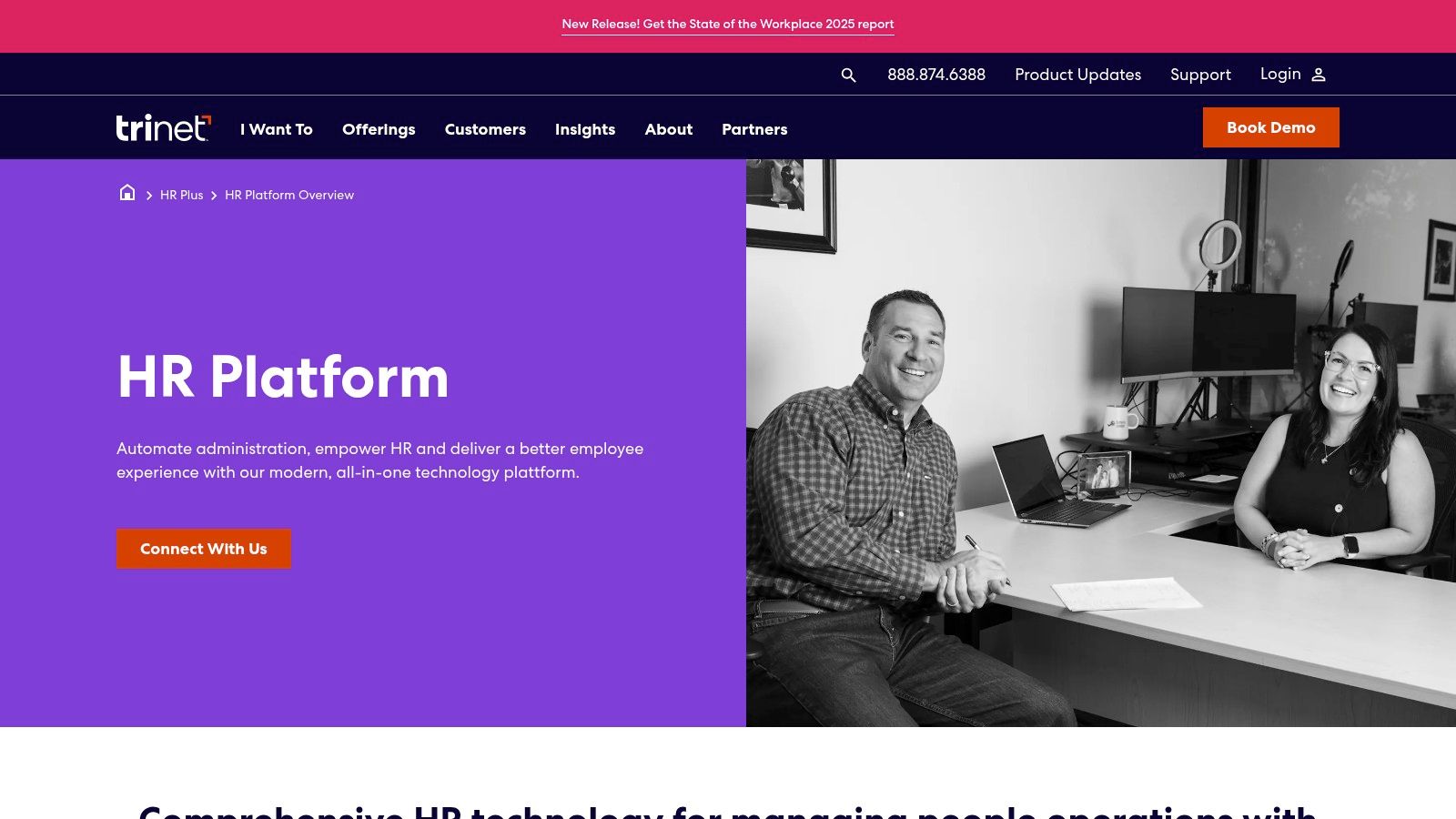 A screenshot of the TriNet HR Platform dashboard showing an employee's time off and benefits information.