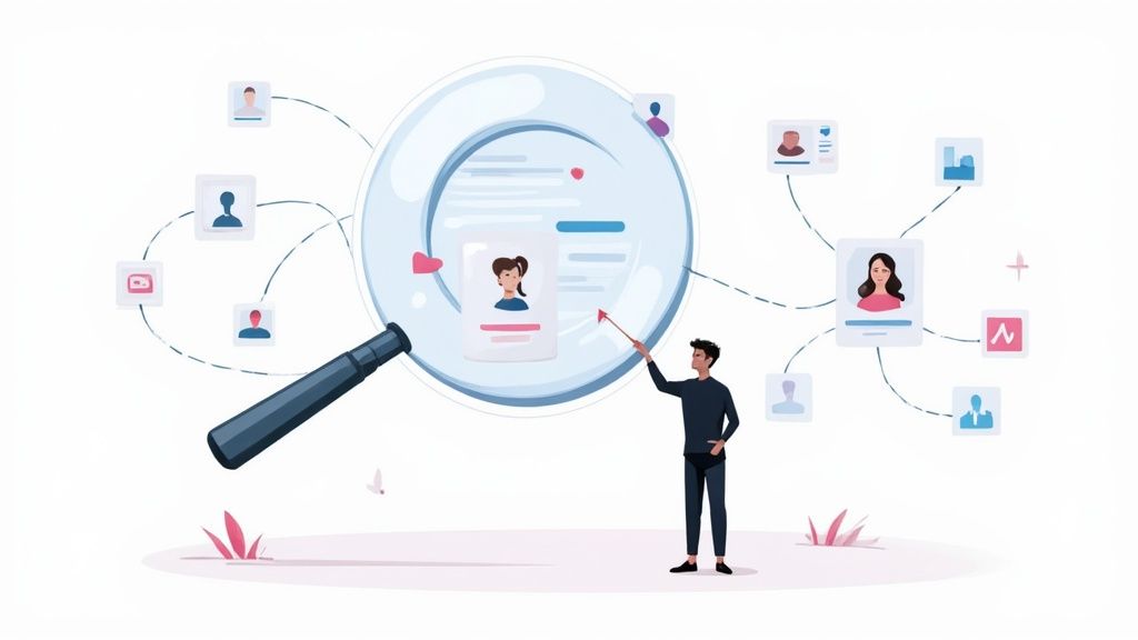 An illustration showing a compass needle pointing to highlighted profiles on a digital map, representing how ai recruiting software discovers candidates.