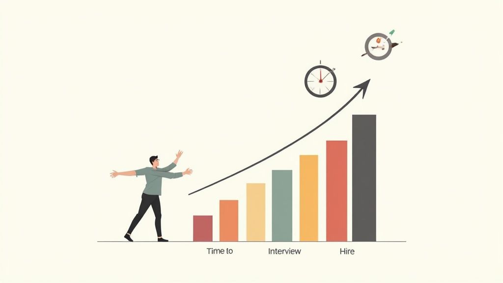 A bar chart showing upward trends, overlaid with a compass needle, symbolizing how ai recruiting software impacts key metrics.
