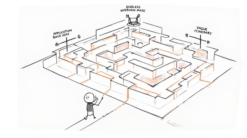A what is candidate experience image showing a broken compass, symbolizing hiring process mistakes.