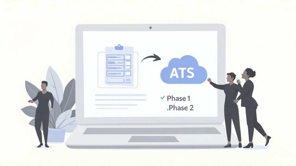 A minimalist process diagram showing the steps to implement an applicant tracking system for small companies