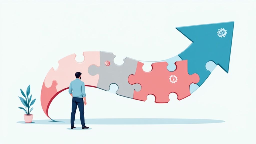 A person mapping out a complex workflow on a whiteboard, symbolizing problem-solving as one of the strategic interview questions to ask candidates