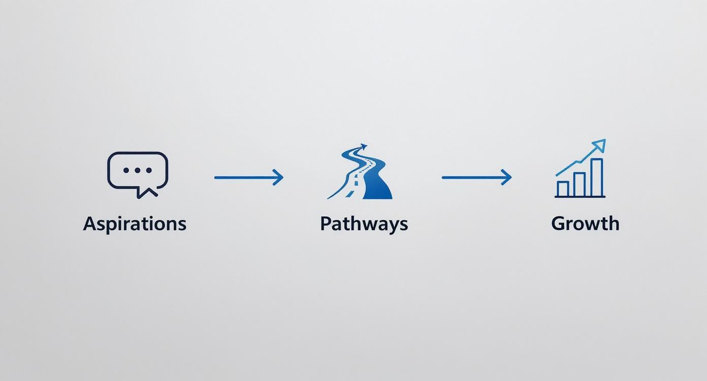 Infographic showing a 3-step career path process with icons for Aspirations, Pathways, and Growth.