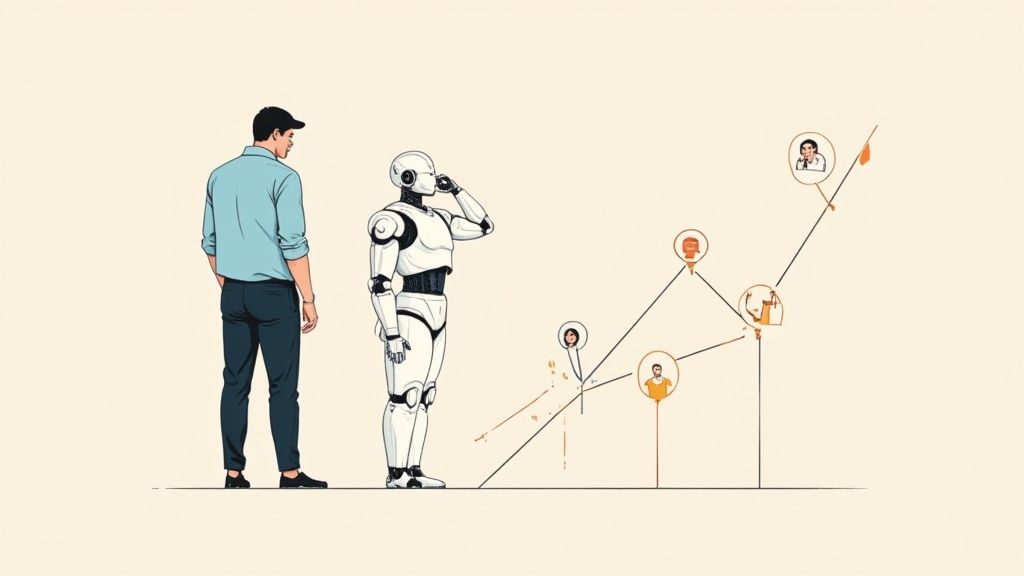 An abstract, futuristic image showing interconnected nodes and data streams, symbolizing the power and reach of an AI sourcing tool in the global talent market.
