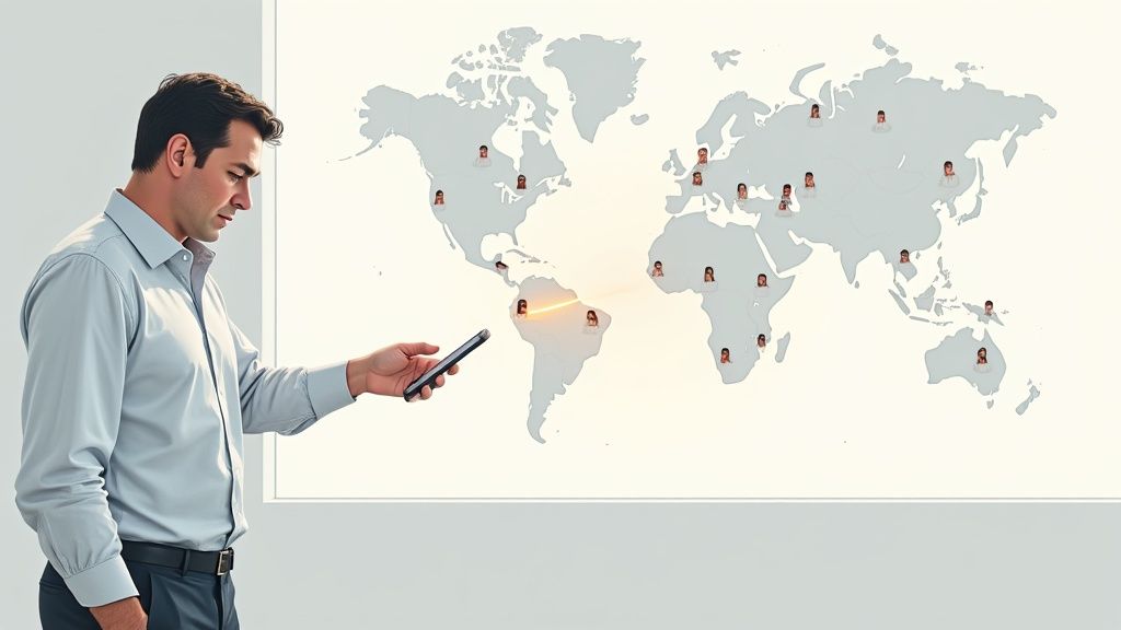 A recruiter working on a laptop, analyzing candidate profiles on a screen with data visualizations, representing the use of an AI sourcing tool.