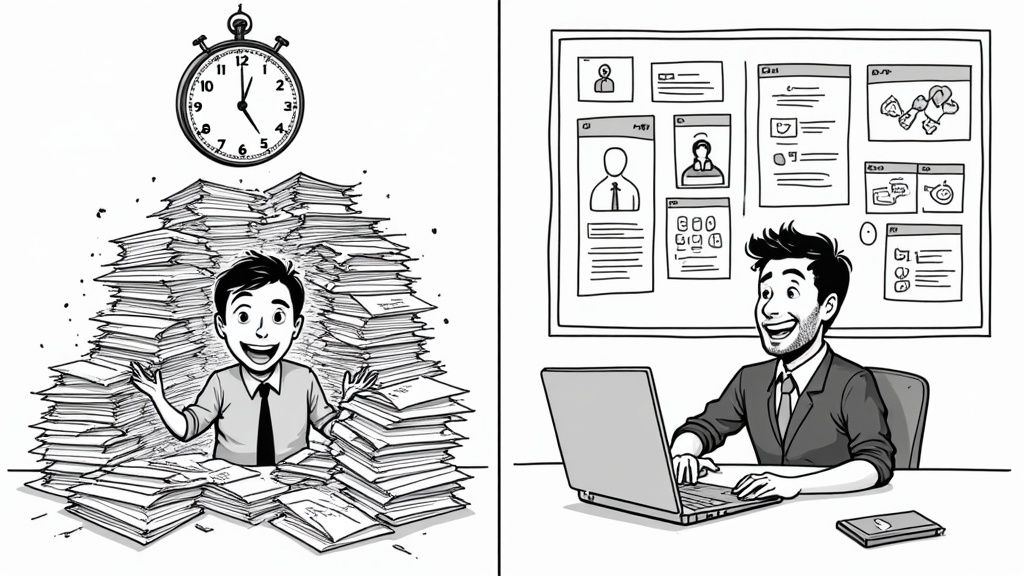 A recruiter at a desk looks at an AI-powered interface showing a diverse group of candidate profiles, contrasting the old way of paper resumes with the new digital method.