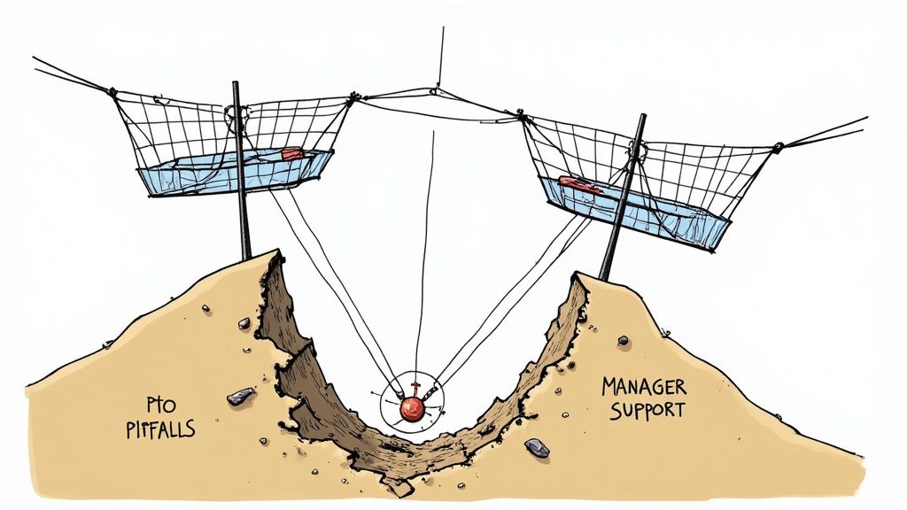 A minimalist illustration of a pathway with several visible cracks, symbolizing the potential pitfalls in an unlimited PTO policy.