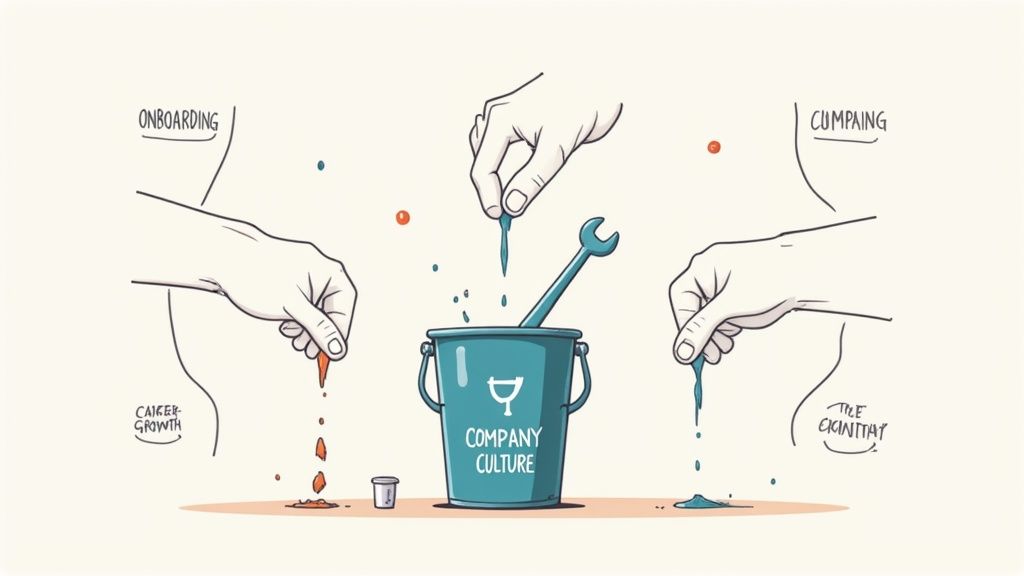 A person carefully patching a large bucket to stop leaks, illustrating proactive strategies to reduce attrition rate.