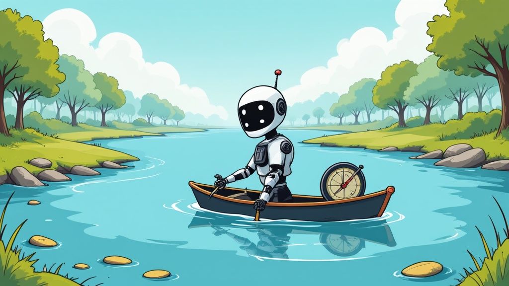 An AI interface displaying a map of a digital river with candidate profiles highlighted along its banks, representing AI-guided social recruiting.