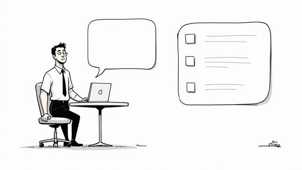 A candidate thoughtfully answering the "tell me about yourself" job interview question.