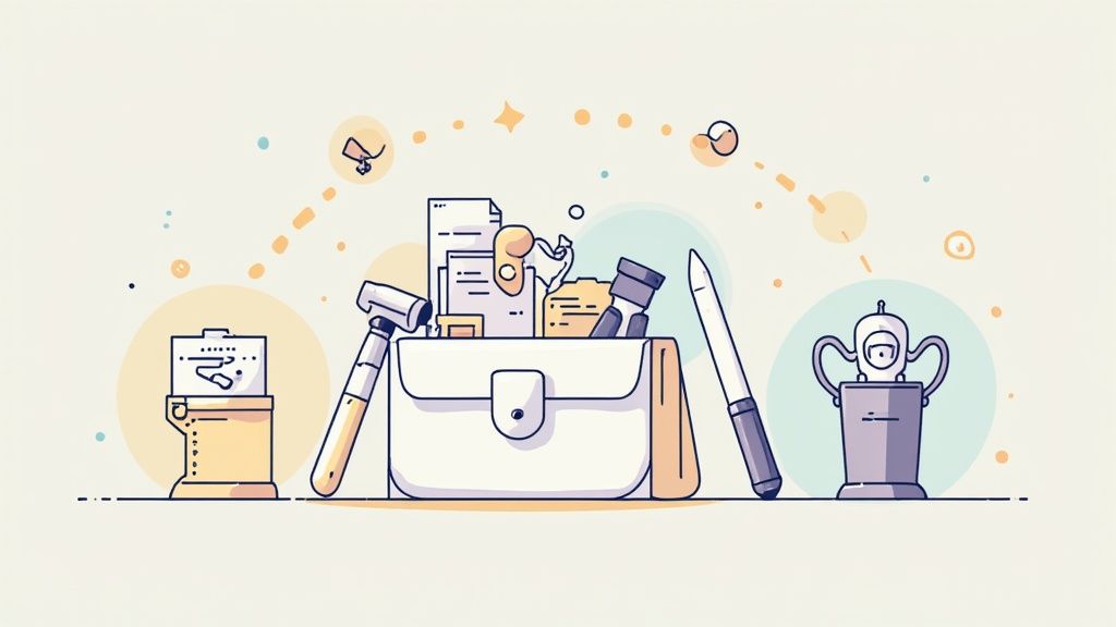 A person at a crossroads with glowing icons representing data, finance, change, and empathy, symbolizing the skills of a chief people officer.