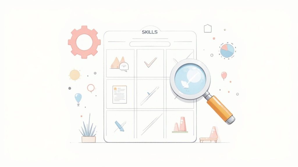 An illustration depicting a 'SKILLS' board with various icons, a magnifying glass, and business-related elements, key to skills-based recruitment best practices.