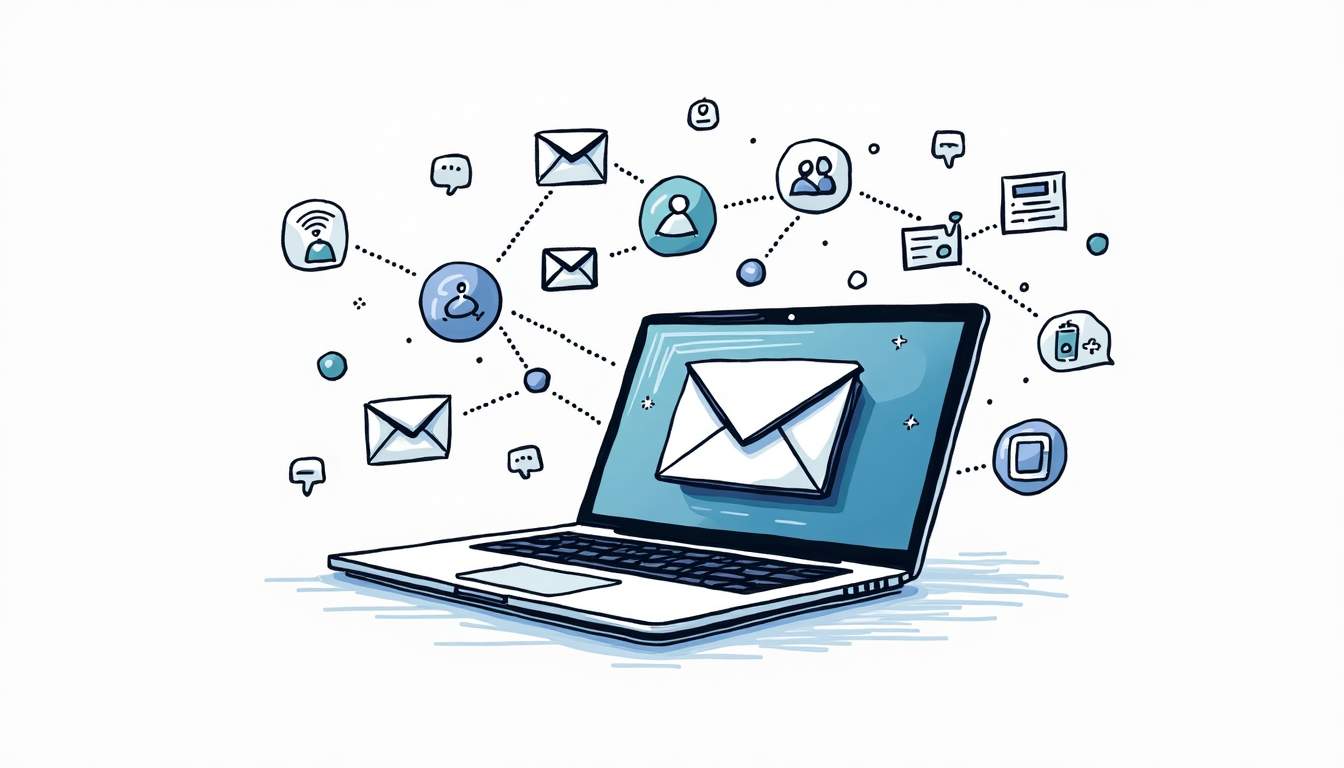 an open laptop displaying a vibrant email interface, surrounded by various icons representing communication tools and digital platforms, with a backdrop of abstract shapes symbolizing connection and engagement in a modern workspace, hand-drawn abstract illustration for a company blog, white background, professional, minimalist, clean lines, Black, White, Blue Ascent (#3B82F6) colour scheme