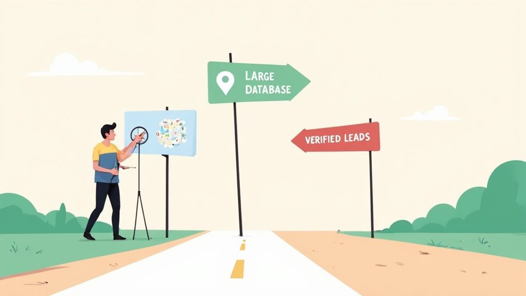 A minimalist geometric image representing a compass pointing towards a decision, with a gray background and blue accents, related to HireEZ reviews.