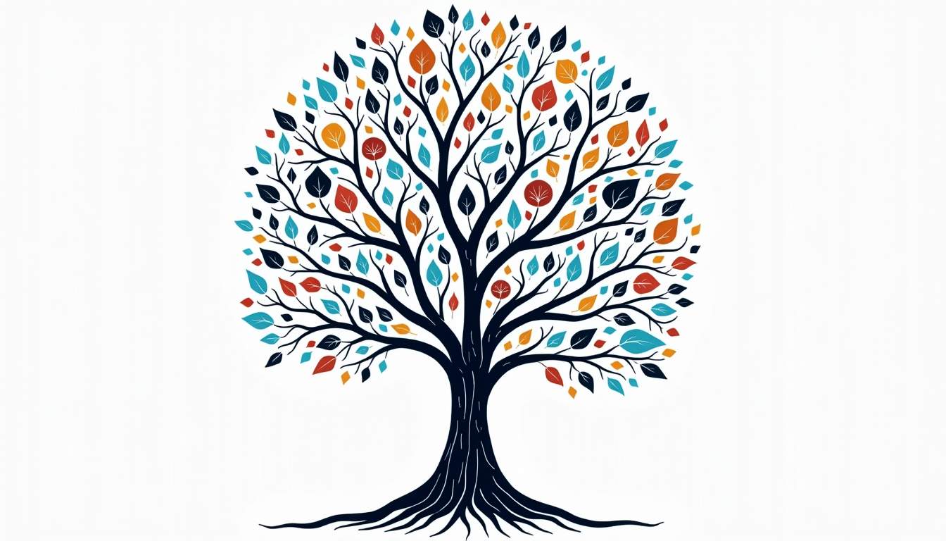 an interconnected network of diverse symbols representing various cultures, identities, and ideas, all converging towards a central, vibrant tree that symbolizes growth, unity, and the flourishing of an inclusive organization, hand-drawn abstract illustration for a company blog, white background, professional, minimalist, clean lines, Black, White, Blue Ascent (#3B82F6) colour scheme