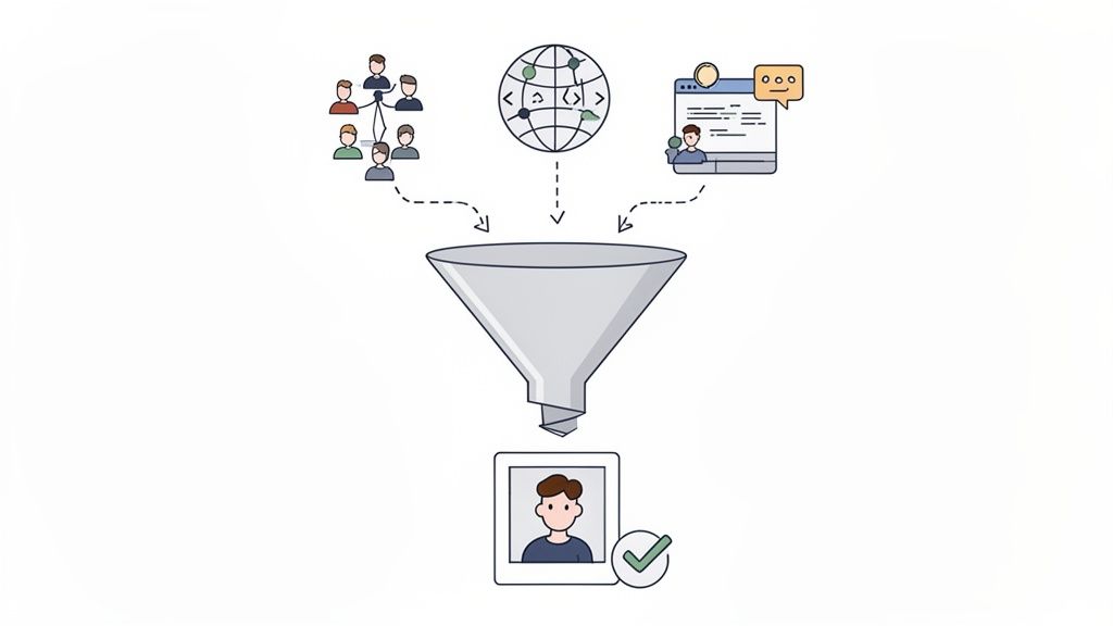 A recruitment funnel processing inputs like connected people, global data, and online profiles into a verified individual profile.