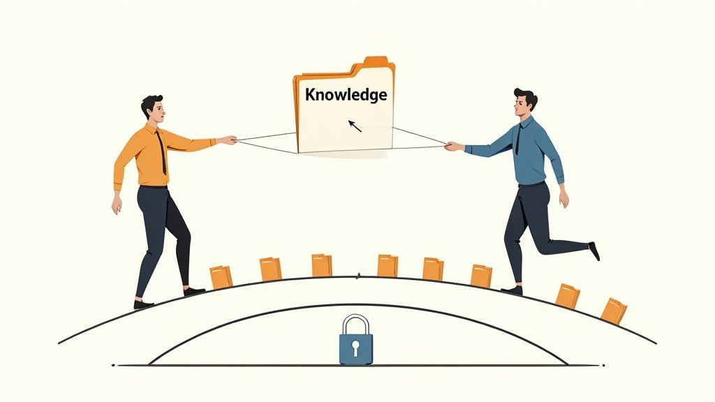 A secure bridge connecting two land masses, symbolizing the transfer of knowledge and assets during offboarding.