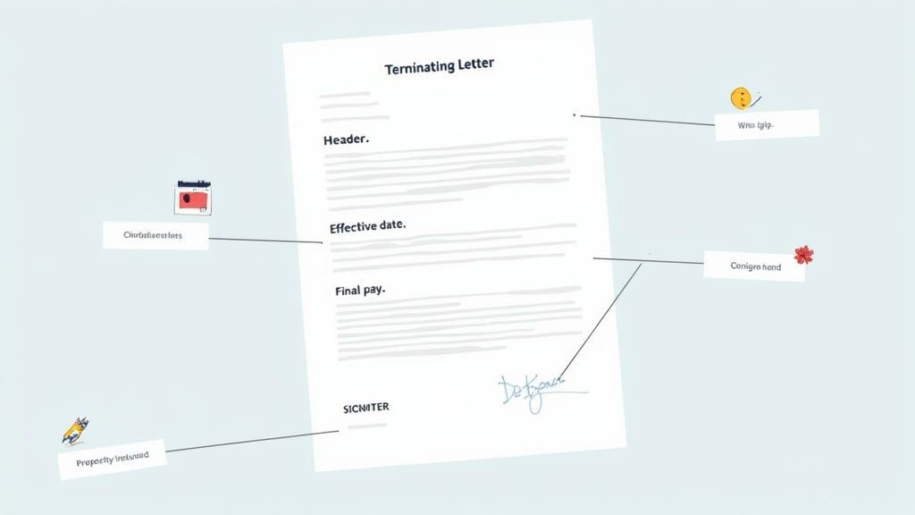 A close-up of a termination letter's structure being reviewed on a desk.