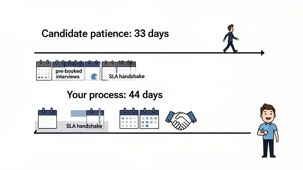 An infographic comparing 33 days of candidate patience against a 44-day hiring process timeline.