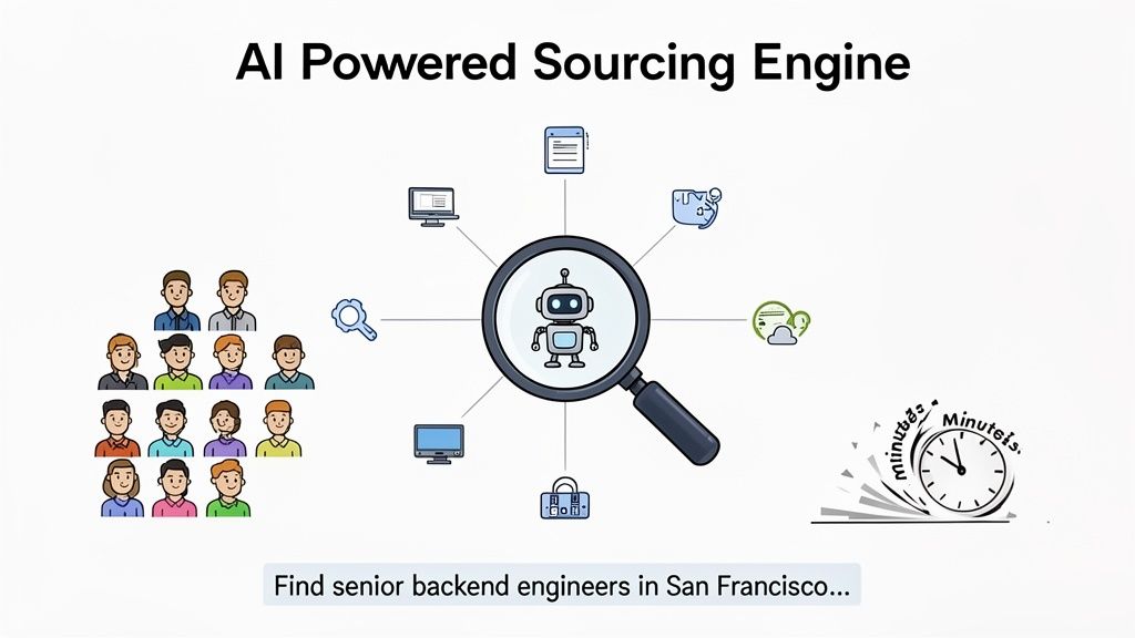 AI-powered sourcing engine that helps reduce time to hire by quickly finding diverse candidates using various data sources and tools.