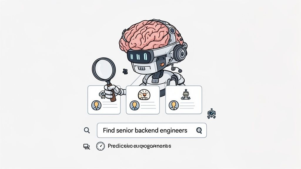 An AI robot with a brain uses a magnifying glass to find senior backend engineers, suggesting predictive candidate search.