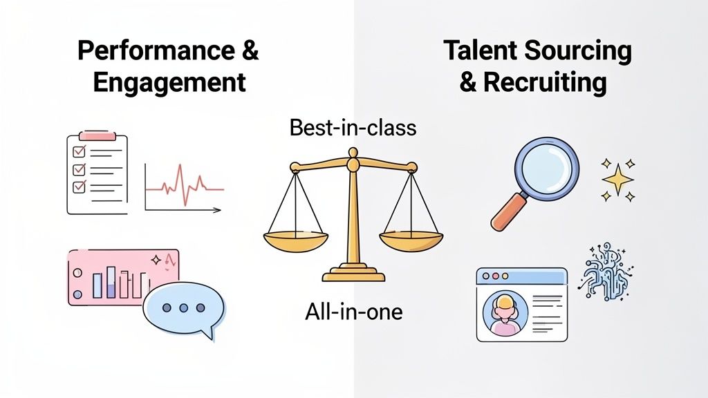 Illustration showing a balance scale balancing performance and engagement with talent sourcing and recruiting, labeled 'Best-in-class' and 'All-in-one'.