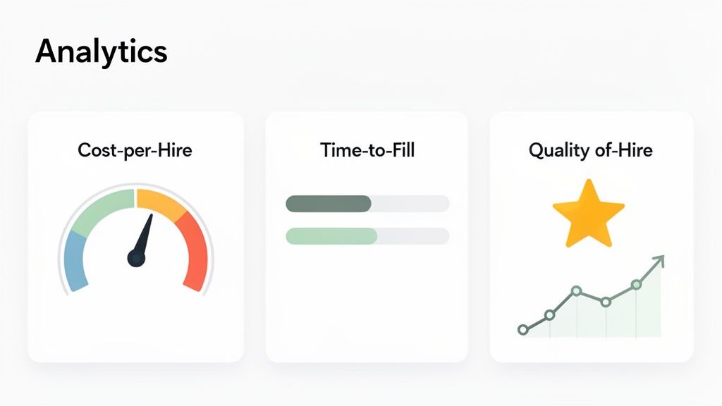 A recruitment analytics dashboard displaying Cost-per-Hire, Time-to-Fill, and Quality of Hire metrics.