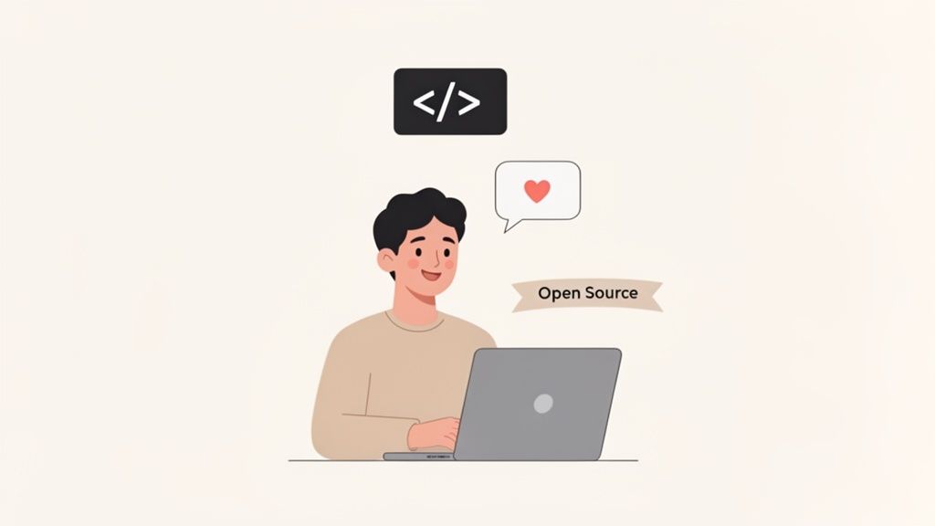 recruitment email sample of an open source developer coding on a laptop with a banner that says 'Open Source'