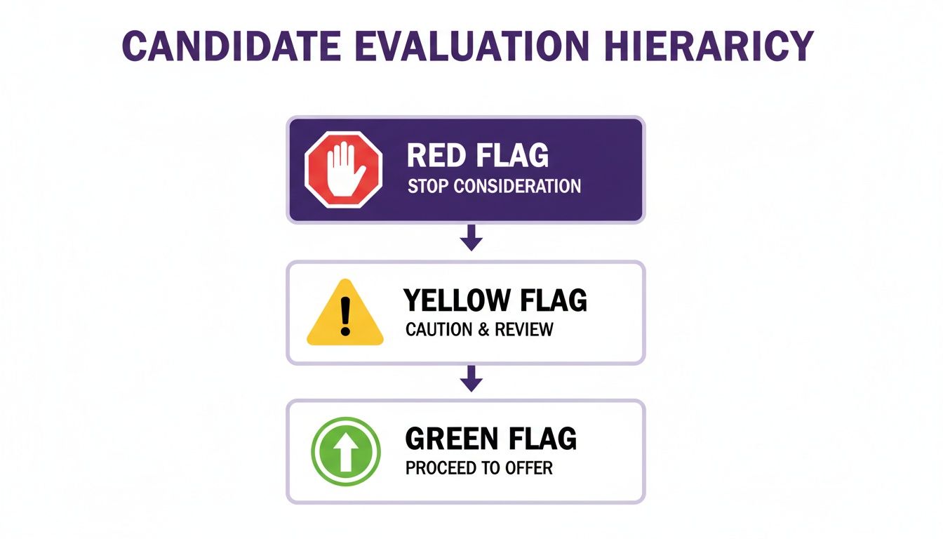 Candidate evaluation hierarchy flowchart illustrating red, yellow, and green flags for hiring decisions.